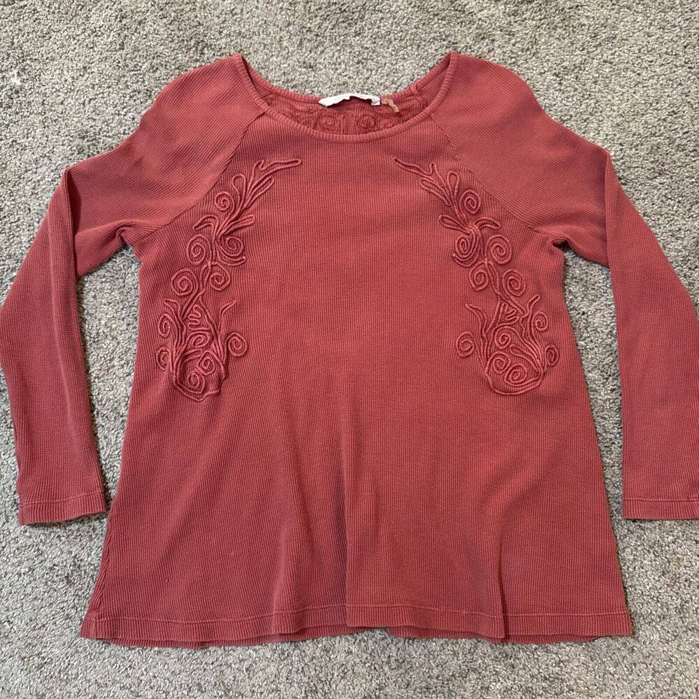 Soft surroundings waffle knit embroidered Rust Long Sleeveshirt Medium